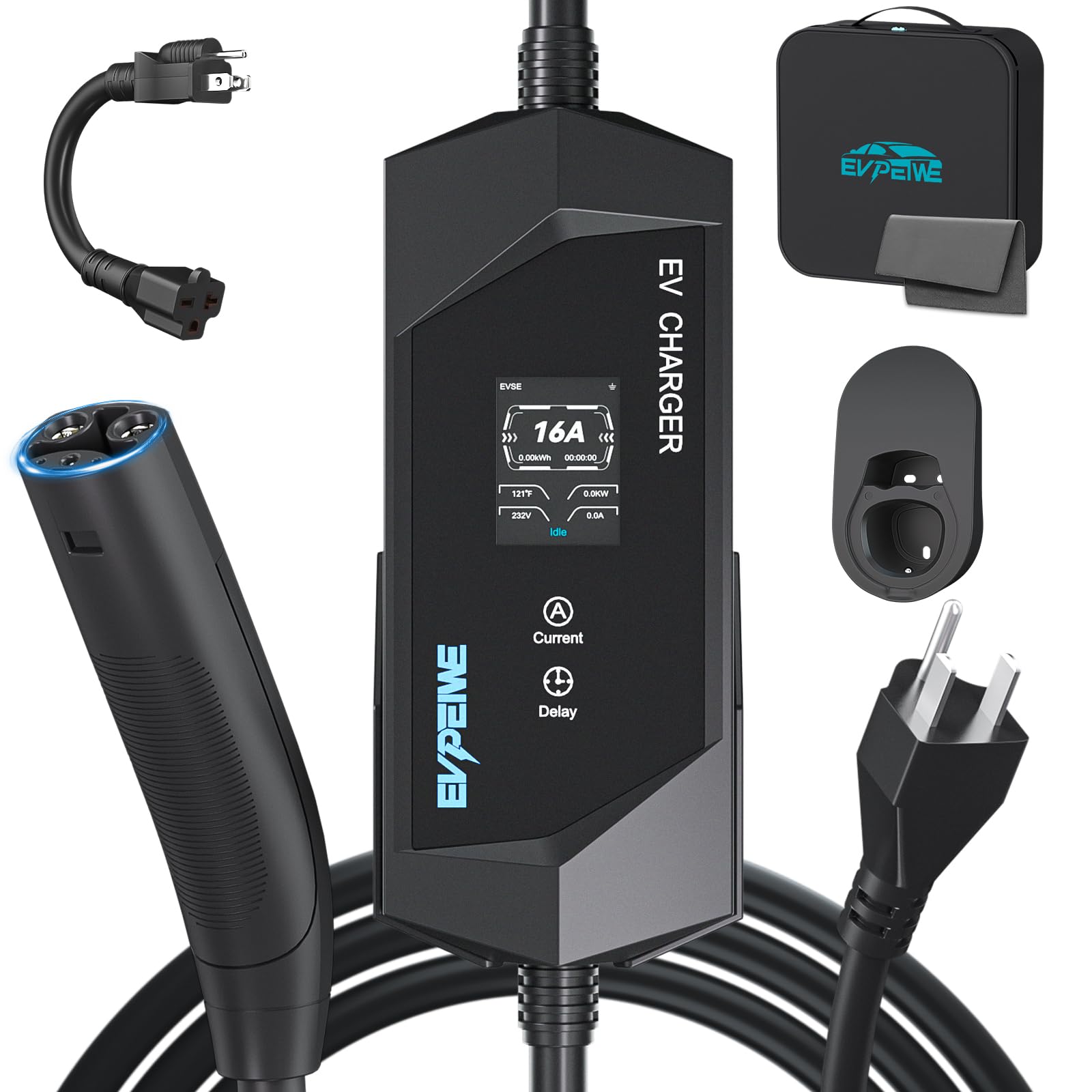 Level 1/2 EV Charger for Tesla, 16A Electric Vehicle Charger for Tesla with NEMA 6-20 Plug & 5-15 Adapter, 25ft Home Portable NACS Wall Charger Compatible with Model 3/Y/X/S/Cybertruck