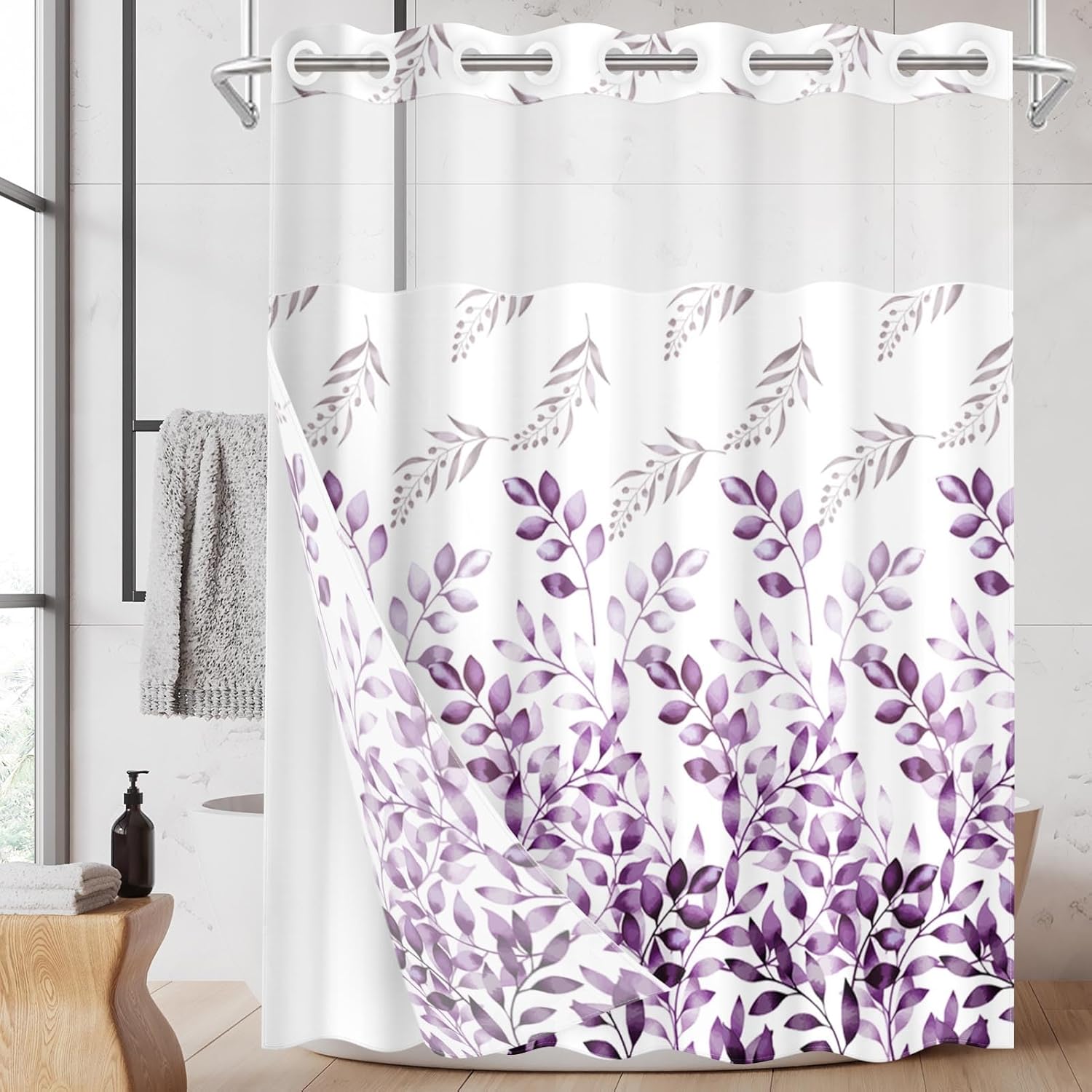 No Hook Purple Leaves Shower Curtain with Snap in Fabric Liner Set, Watercolor Plant Floral Double Layers Waterproof Fabric with See Through Top Window Open Grommet Bath Curtain 71x74 Inch
