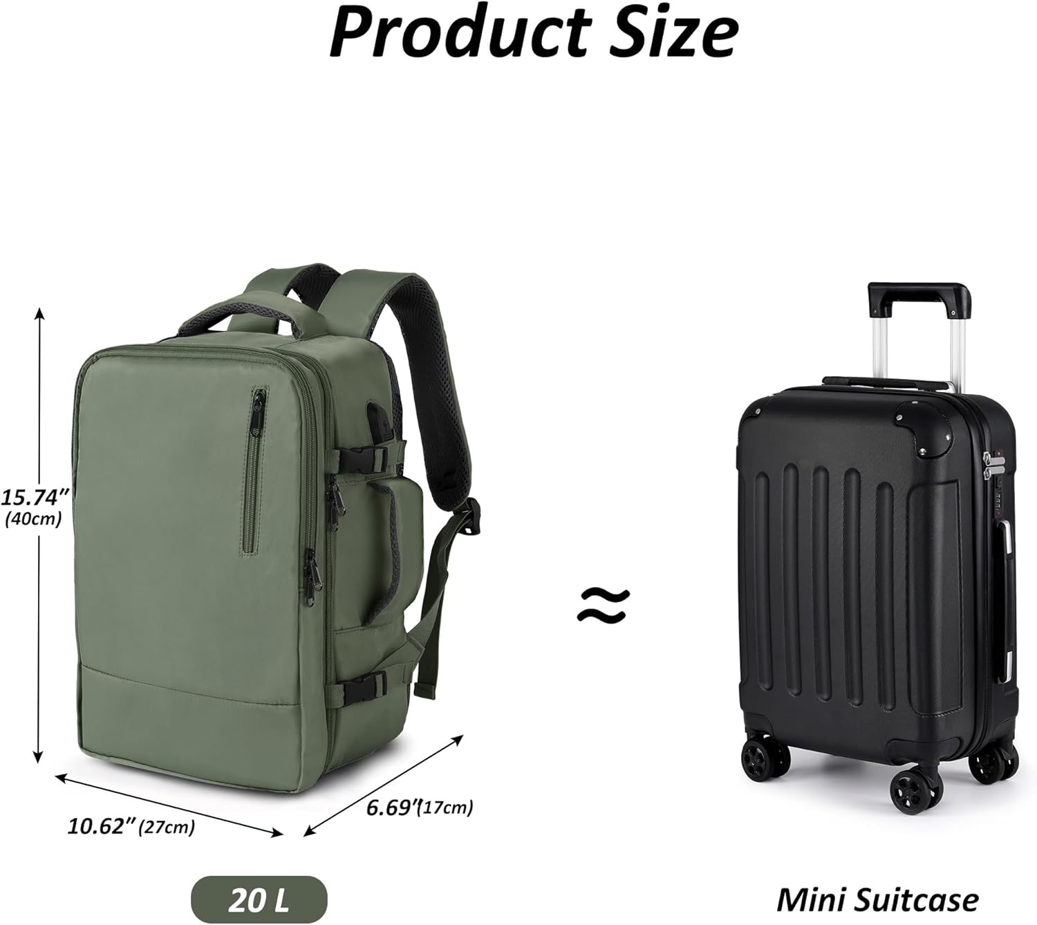 TANTOMI Travel Backpack for Women Men, 15.6 Inch Laptop Backpack Flight Approved, Small Carry-On Bags with USB Charging Port & Shoe Pouch, Casual Daypack on Airplane for Weekender Work Business, Green