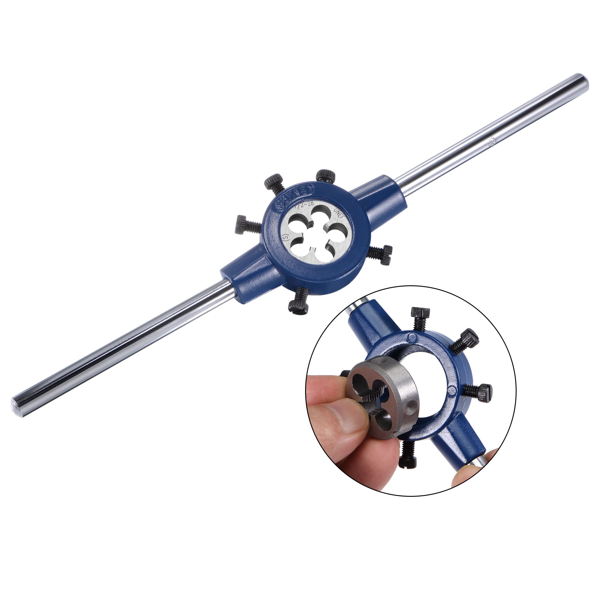 uxcell Juego de machos y troqueles UNEF de 1/2-28 con llave de mango redondo de 38 mm, grifo de rosca de máquina de acero de alta velocidad y herramienta de roscado de troquel redondo
