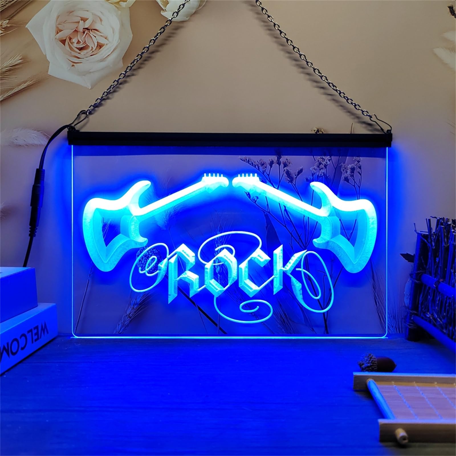 REWIS Insegna al Neon a LED per Musica, luci al Neon per Bar con Musica da Appendere a Parete, Decorazioni Luminose, Alimentato Tramite USB con dimmer, 40x30 cm,Blu,D