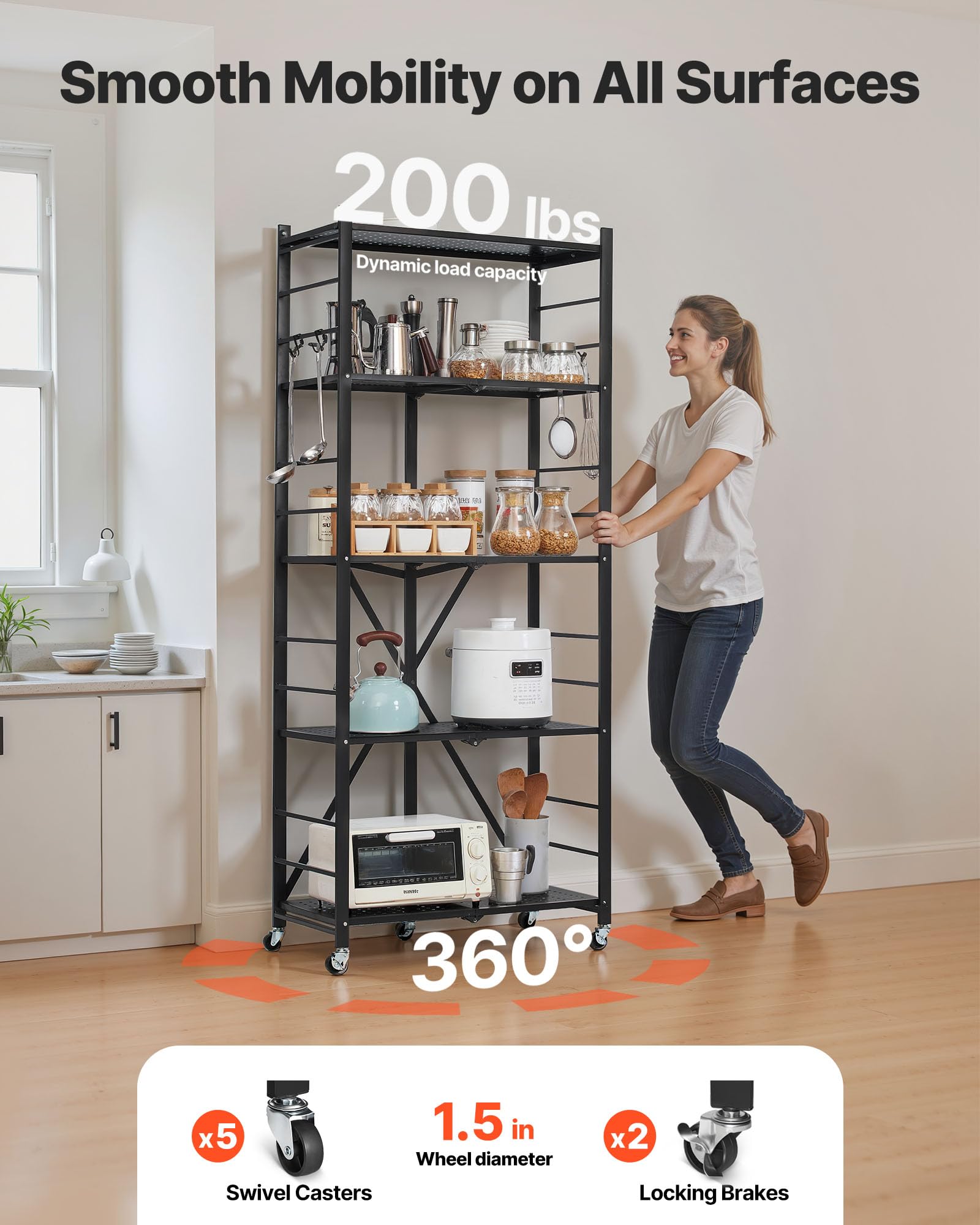 Scaffale Pieghevole A 5 Ripiani Con Ruote – Metallico, Capacità 272 Kg, Montaggio Istantaneo (5 Secondi), Per Cucina, Garage, Bagno, Bianco - 4