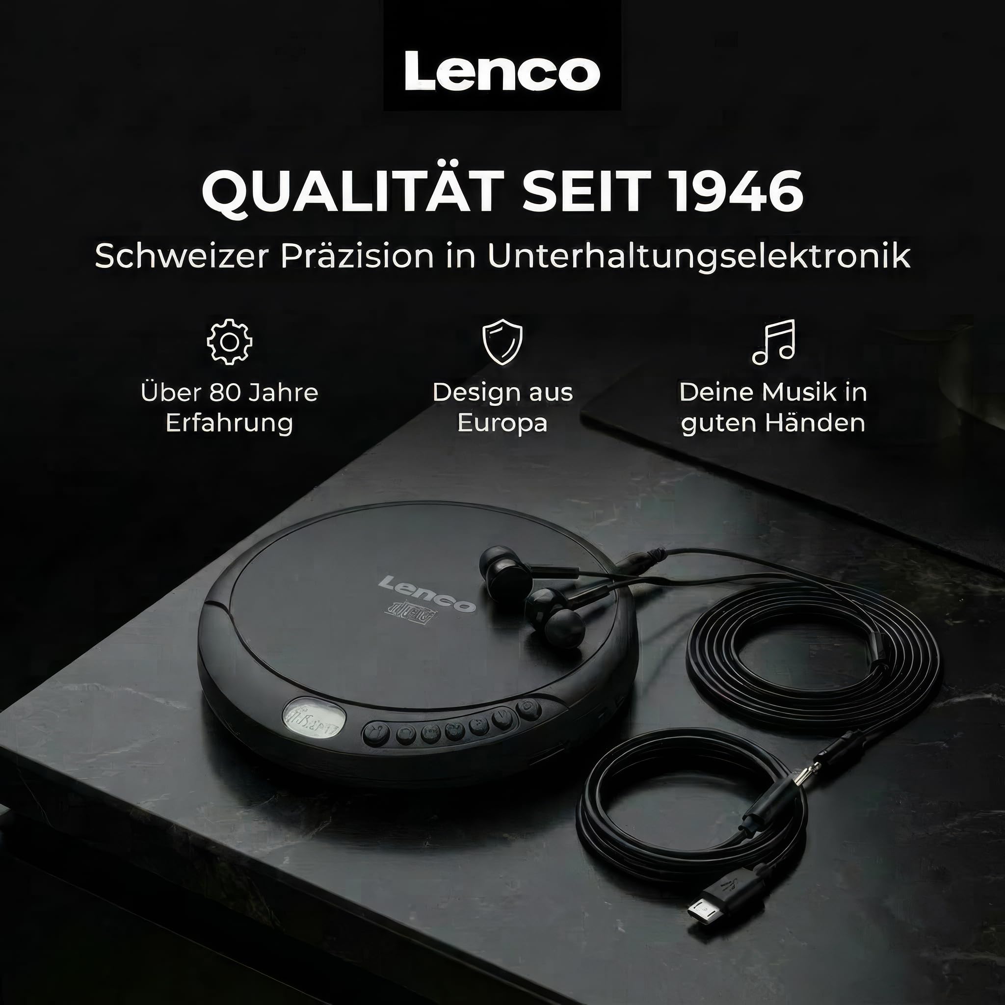 Lenco CD-010 - CD-Player - auch für Kinder - Discman - Tragbar - CD Spieler | CD Walkman - Mit Kopfhörern und Micro USB Ladekabel - Schwarz