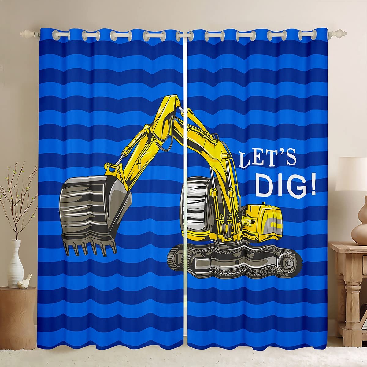 Excavator - Cortinas para niños pequeños, Cortinas de Ventana de construcción para Camiones, Cortinas de Ventana de Color Azul Oscuro, Cortinas de Ventana para Dormitorio, Sala de Estar, maquinaria p