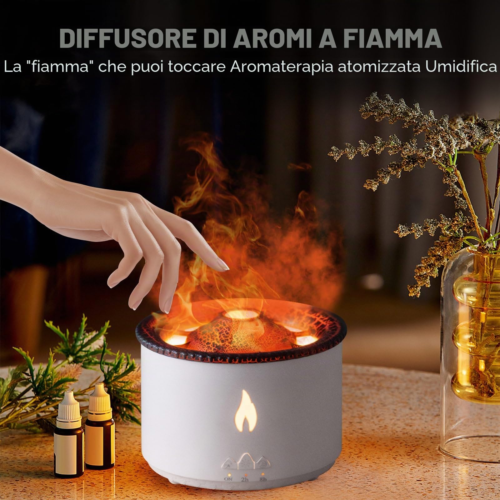 Diffusore di Aroma a Fiamma per Umidificatore Vulcano: Diffusore di Profumo Ultrasonico per Oli Essenziali 300ml Grande Capacità 2-in-1 con Timer Funzione per Camera da Letto (Senza Telecomando)