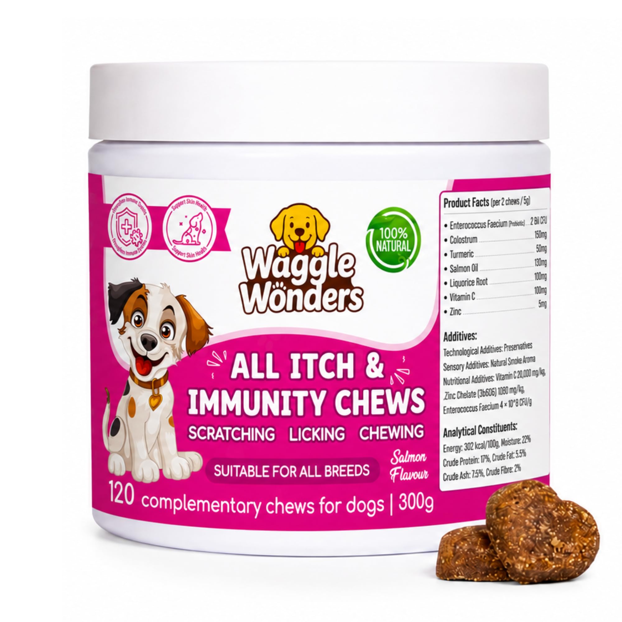 Waggle Wonders - Dog Treats for Itchy Skin - All Itch & Immunity Dog Chews with Salmon Oil, Probiotics & Colostrum, Scratching, Licking & Chewing, 120 Chews