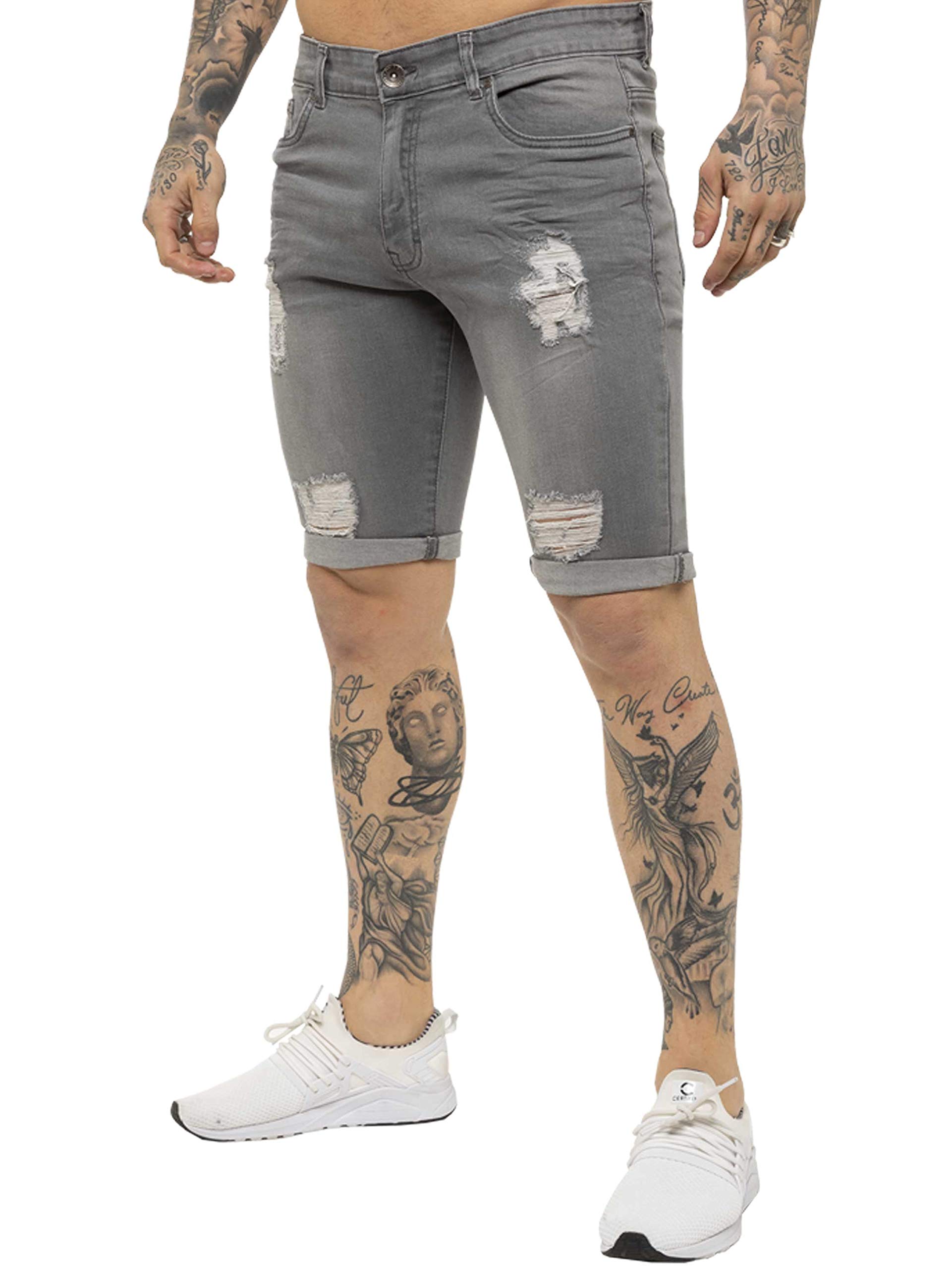 Enzo Men's Grey Ezs383 Jeans Denim Shorts Skinny Fit Distressed Ripped Half Pants 36