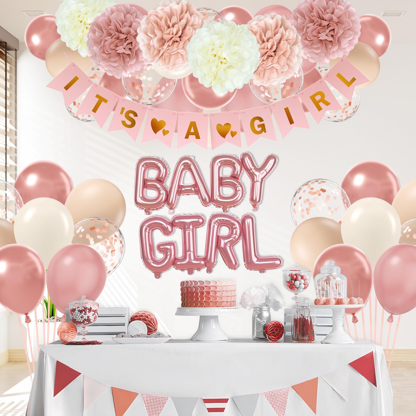 Pink Baby Shower Decorations with Ivory White Paper Pom Poms Rose Gold Dusty Pink Balloons Banner for Gender Reveal Birthday Party Baby Shower Decorations