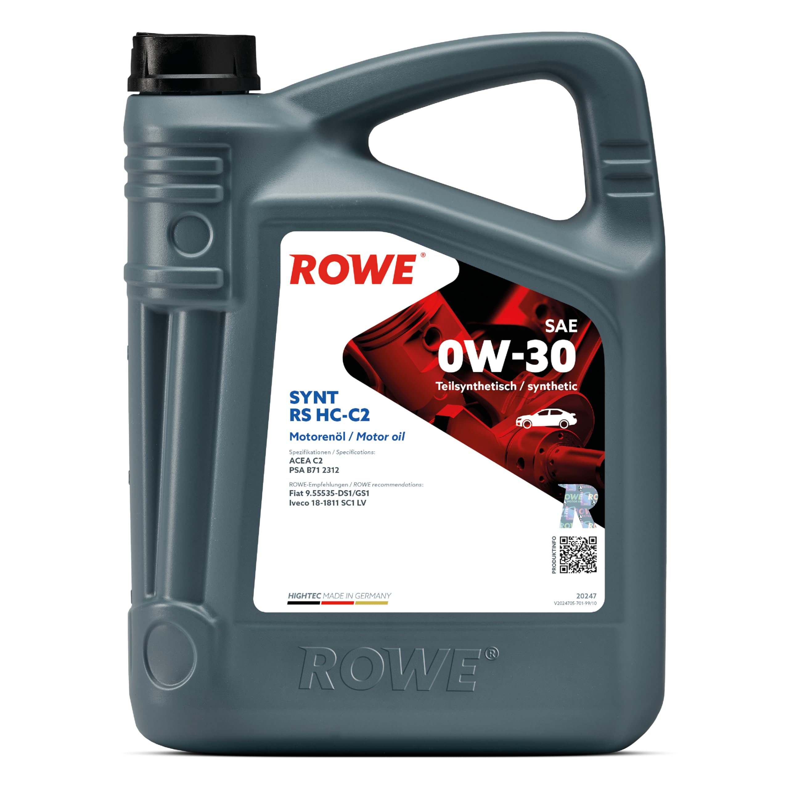 ROWE HIGHTEC SYNT RS SAE 0W-30 HC-C2-5 Liter, HC-Synthese Motoröl | HC-Synthese-Motorenöl mit PAO für Otto- & Dieselmotoren mit DPF & Turbo, ACEA C2, Art. Nr. 20247