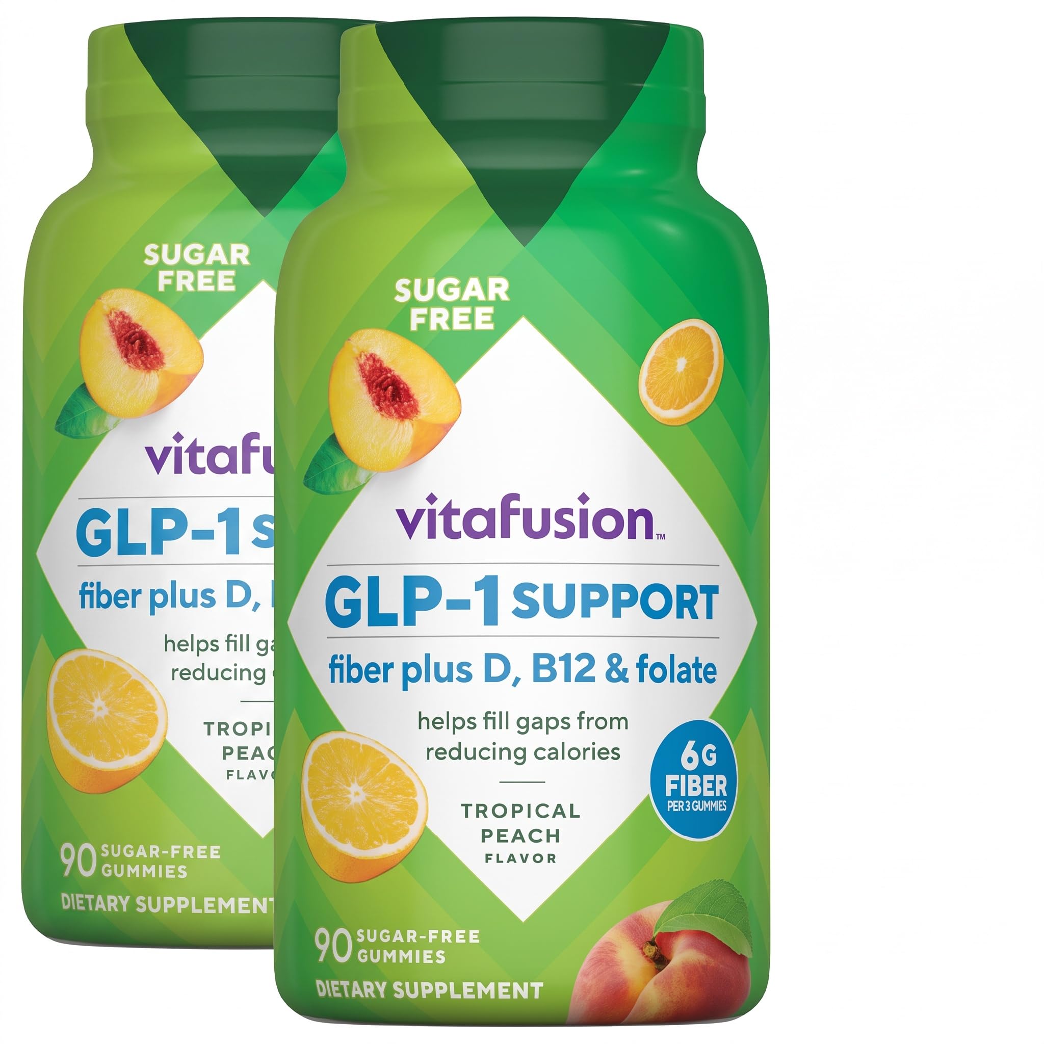 Vitafusion GLP-1 Support Fiber Plus Vitamins D,B12 and Folate Gummy Vitamins,Citrus Flavor,Sugar Free,30 Day Supply,90 Count (Pack of 2)