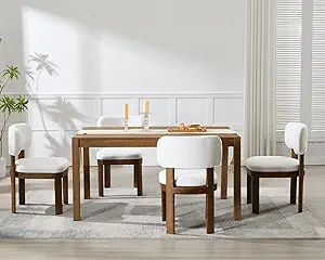 Wahson Beige Upholstered Dining Chairs Set of 4, Mid Century Modern Linen Dining Room Chairs with Hardwood Legs and Padded Back, Farmhouse Kitchen Chair Cozy Accent Chair