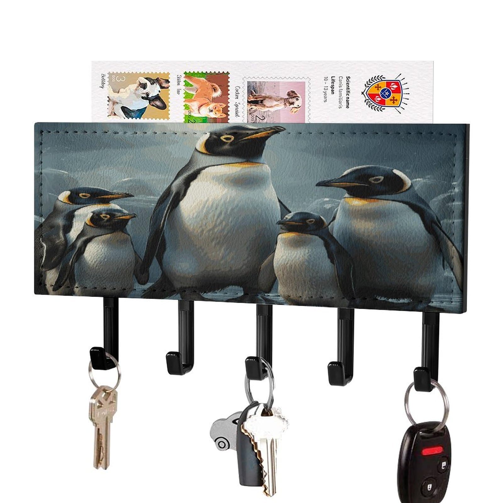 FekiLoot Penguin Family Key Holder Wall Mount Key Hanger with 5 Hooks Decorative Key Rack Hanging Key Hooks with Mail Organizer Key Holder for Wall Living Room Kitchen Bathroom Hallway Black