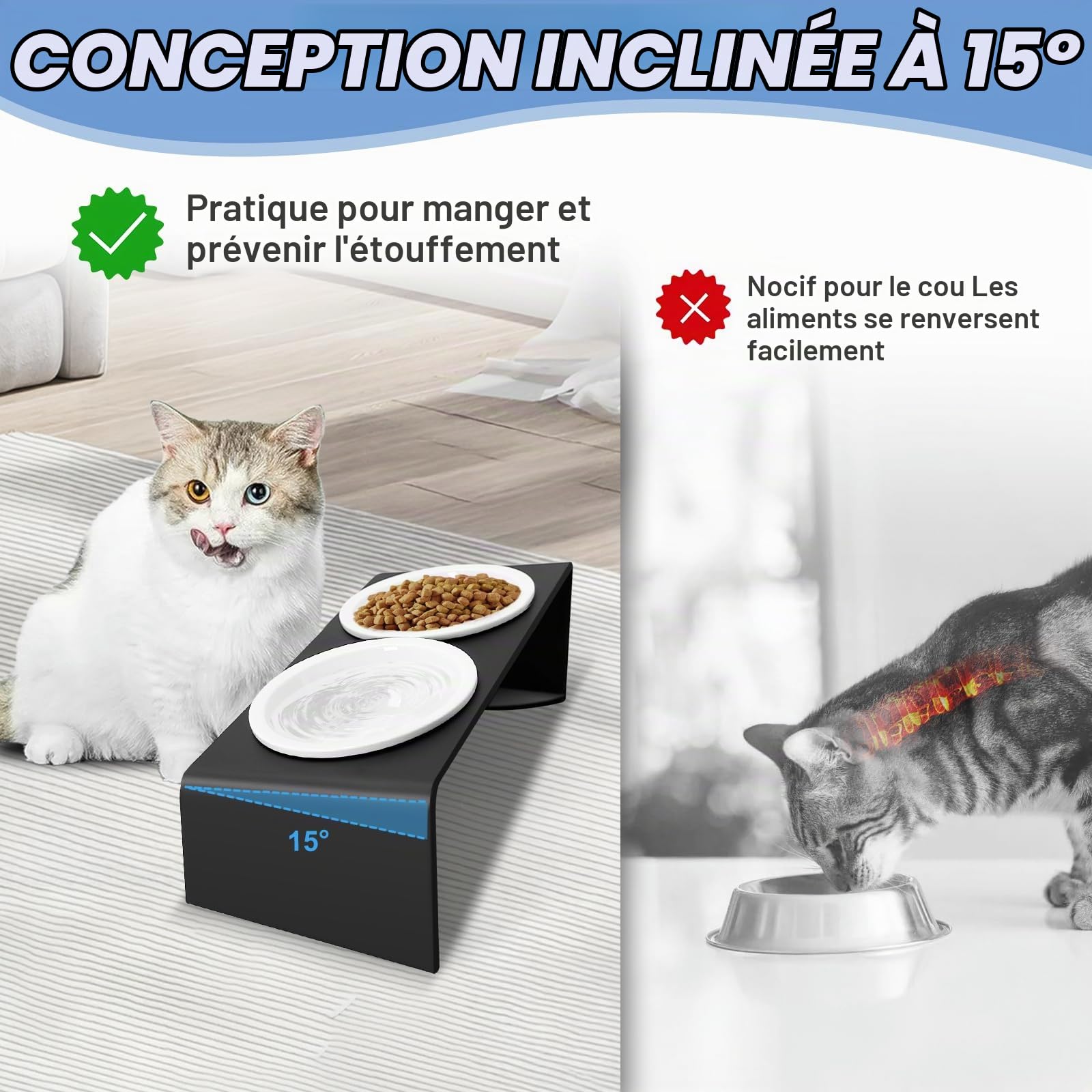 Gamelle Chat Surélevée, Gamelle pour Chien avec Support en Métal Antidérapant Incliné à 15°, 2X Bols Chat Ceramique de Nourriture