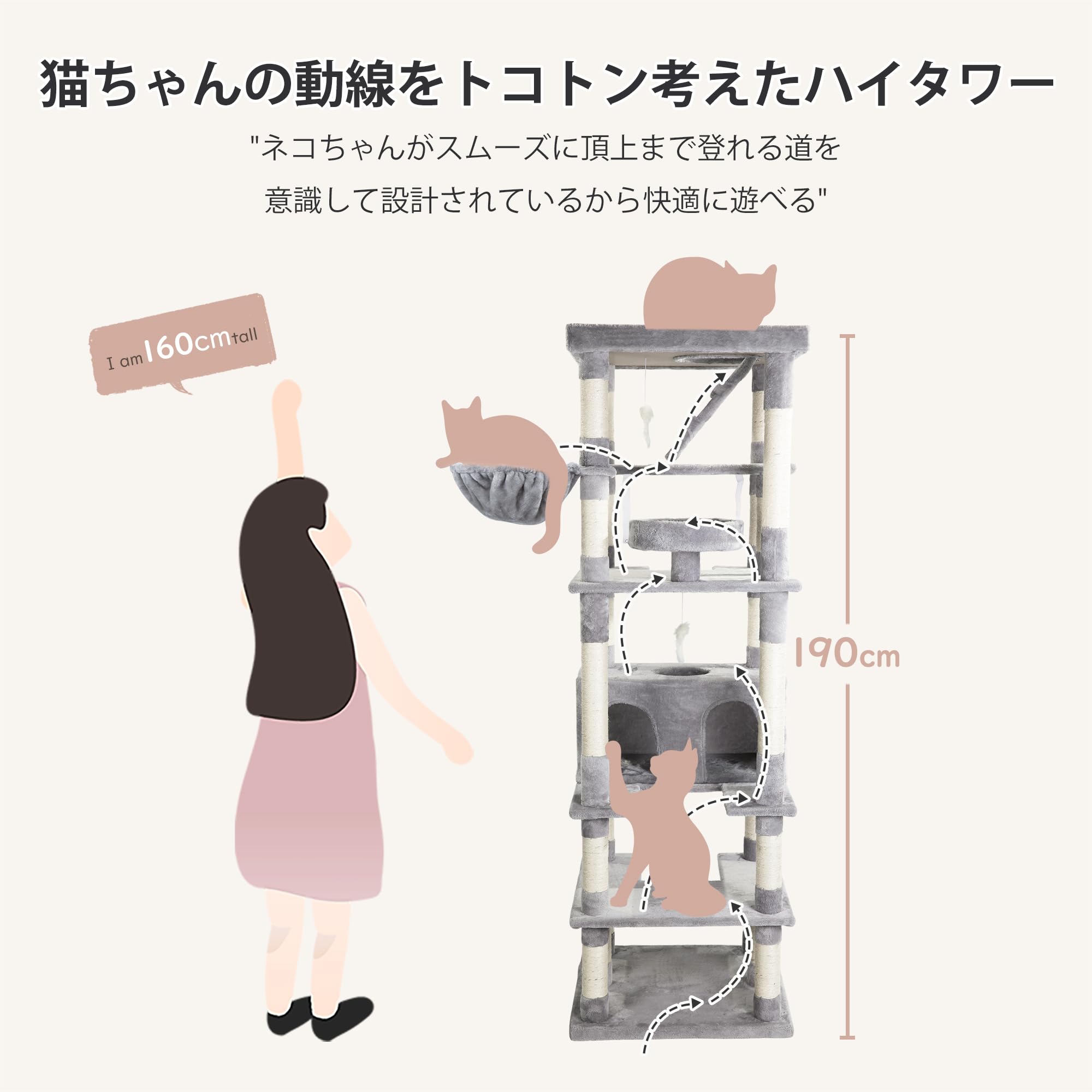 Amazon | 【豪華】190cm 据え置き型 キャットタワー Mwpo 落下防止柵付