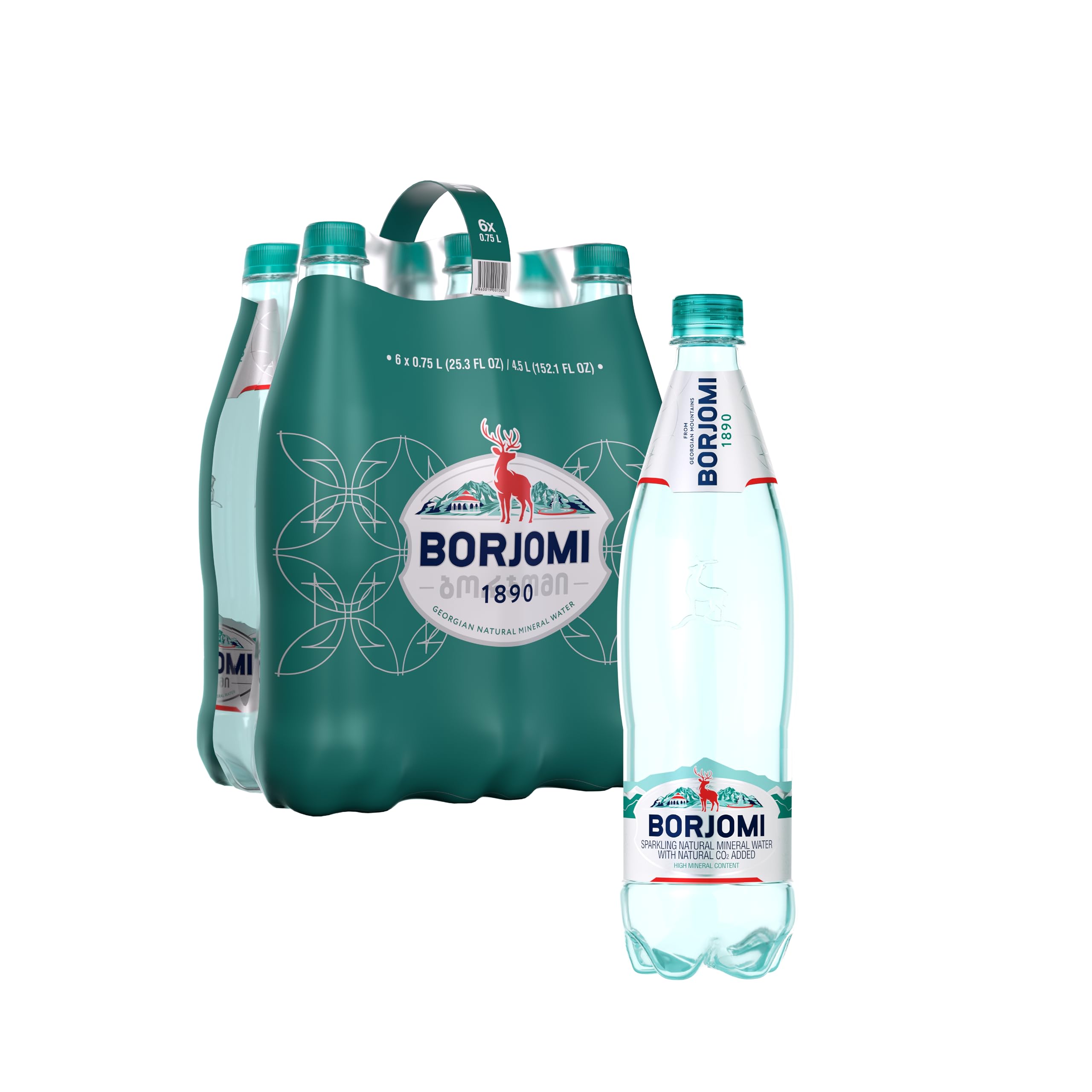 Borjomi Sparkling Natural Mineral Water, Plastic Bottles, 25.3 Fl Oz (Pack of 6)