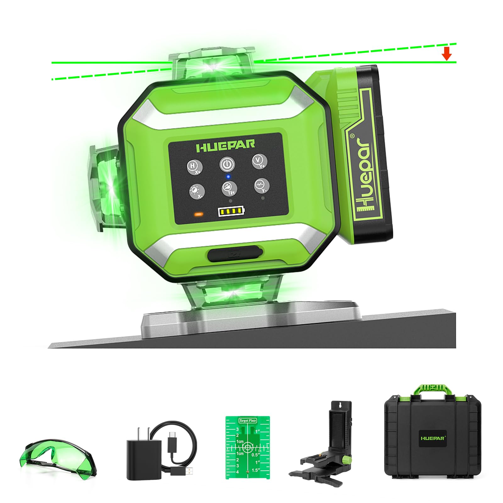 Huepar DP04CG Electronic Self-Leveling Laser Level with control panel and a construction worker using it to level a ceiling.