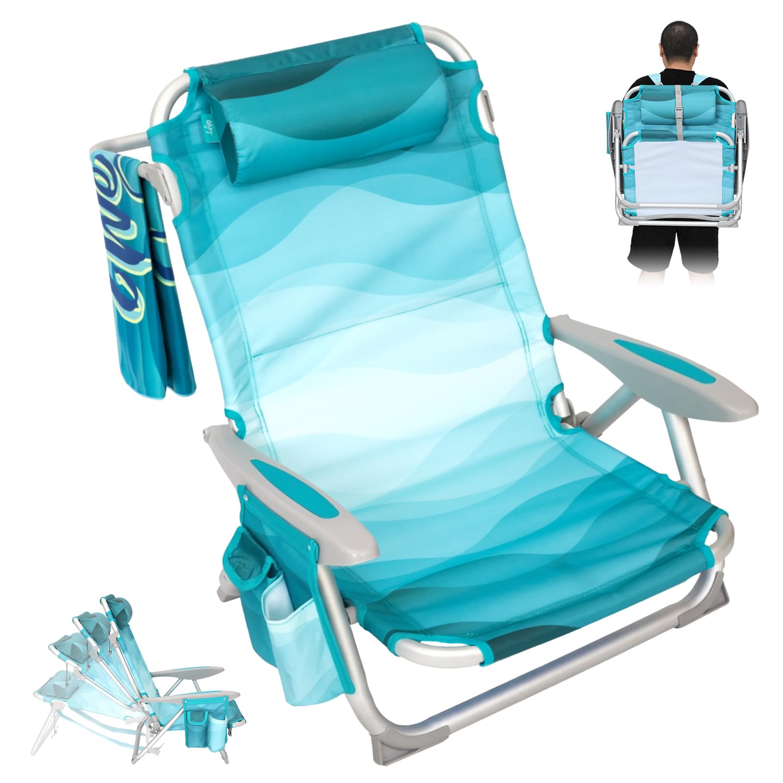 #WEJOY Beach Chair for Adults, Reclining Adjustable Position, Lay Flat Lightweight Folding Portable Aluminum Chair with Backpack Straps,Padded headrest, Heavy Duty 400 lbs Lawn Chair for Beach, Sand