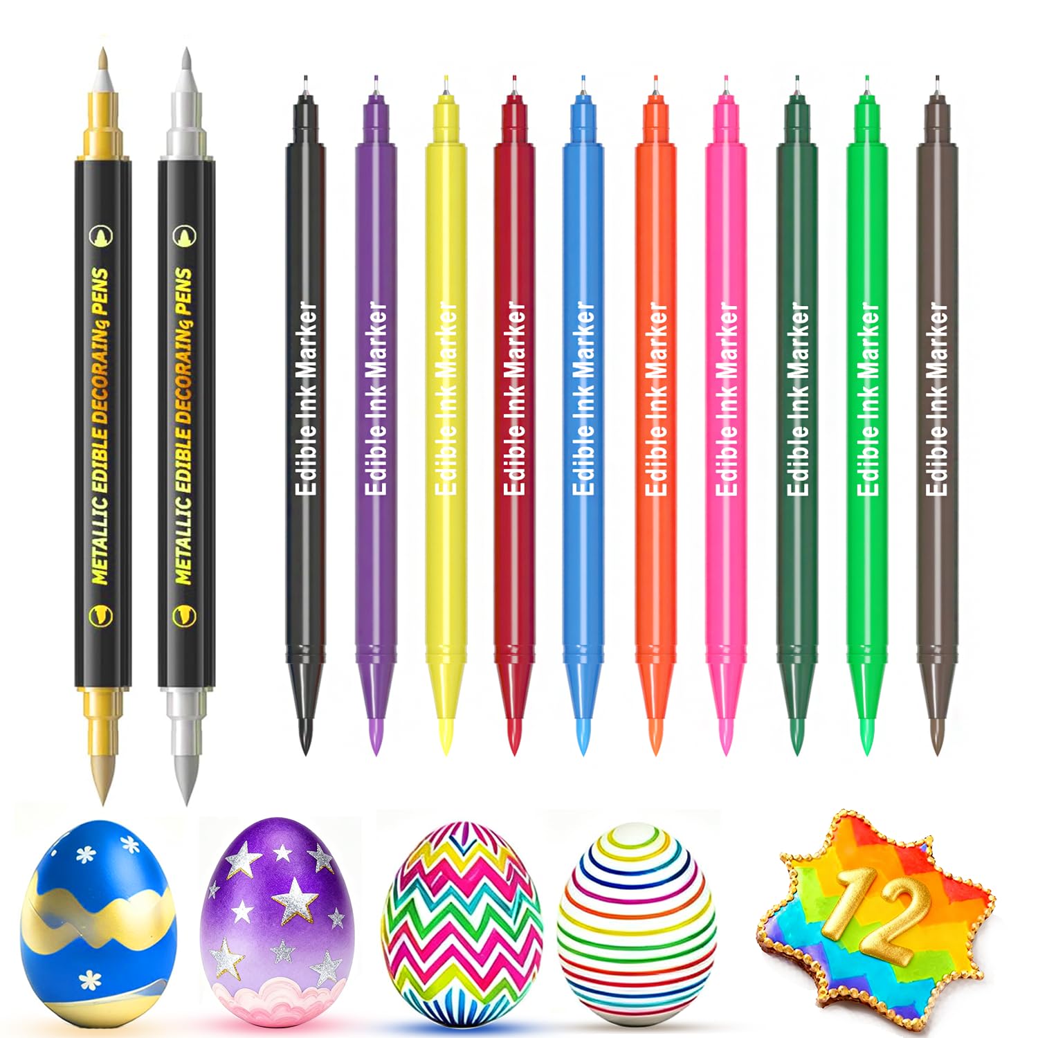 Food Coloring Pens Set of 12, Dual Tips Edible Ink Markers, Food Grade Gourmet Writers with 12 Vibrant Colors, for Cookies, Cakes, Cupcakes, Crafts,