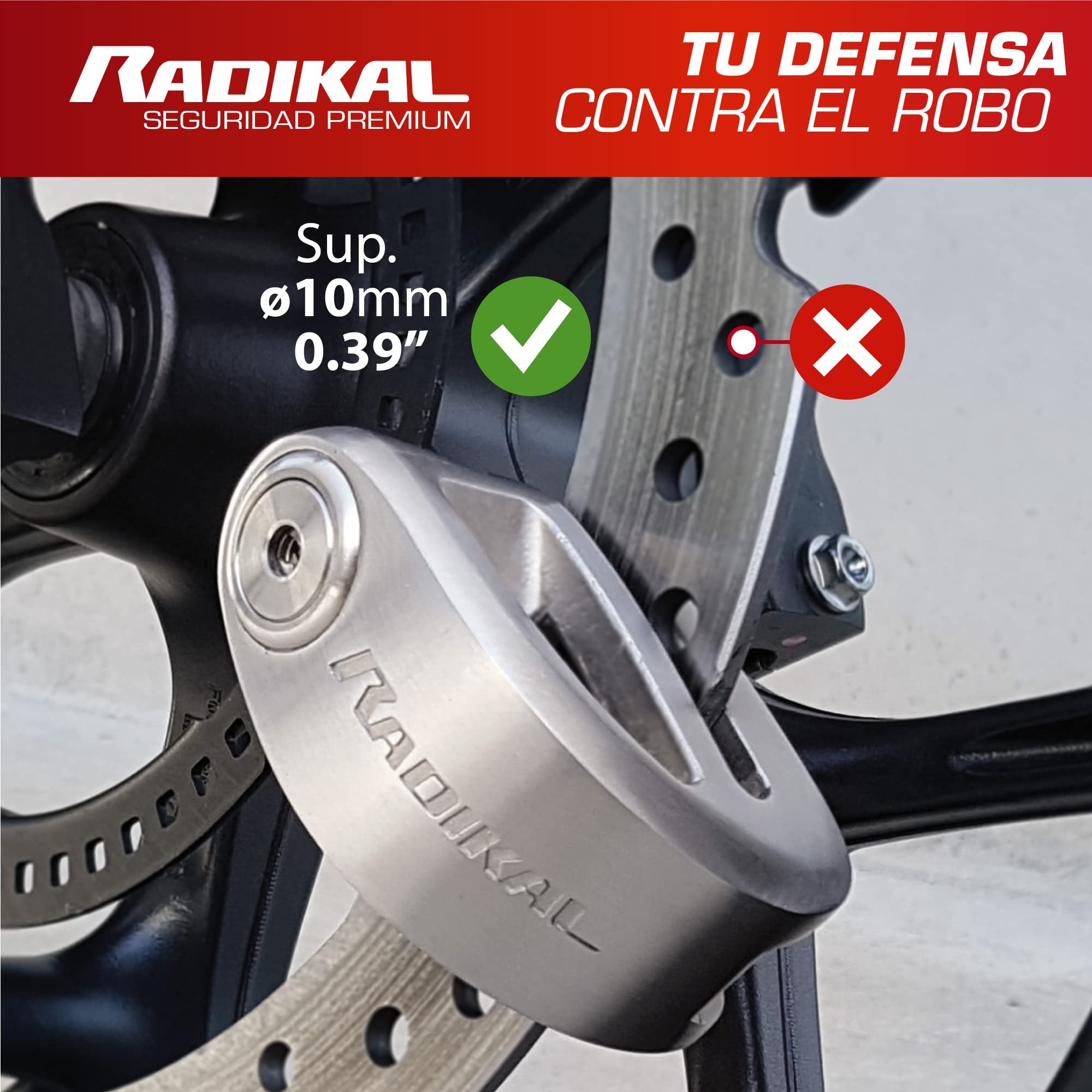 RADIKAL RK310S Candado Moto Premium, Antirrobo Disco Homologado SRA, Testado Doble Bloqueo ø10mm, Exclusivo Diseño Doble Puente, Cerradura Alta Seguridad, Acero Inoxidable, Cepo Pinza Motos y Scooter