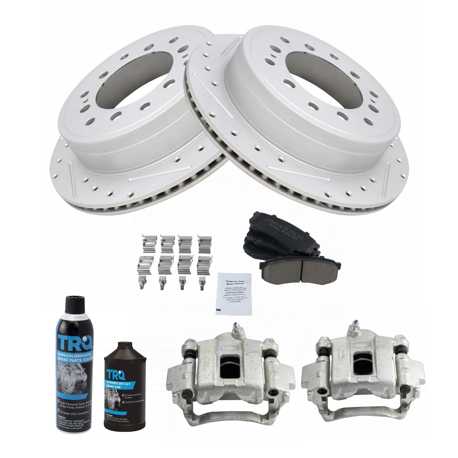 TRQ Rear Brake Calipers Ceramic Pads Drilled Rotors Compatible with
