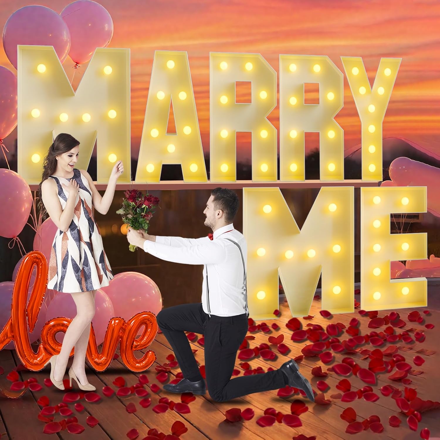 Marry Me Light Up Letters 4ft, Marry Me Letter proposal kit,Marquee Light Up Letters 4ft with 2000pcs Rose Petals,Letter Love Balloons for Proposal,Wedding,Engagement Letter MARRY ME