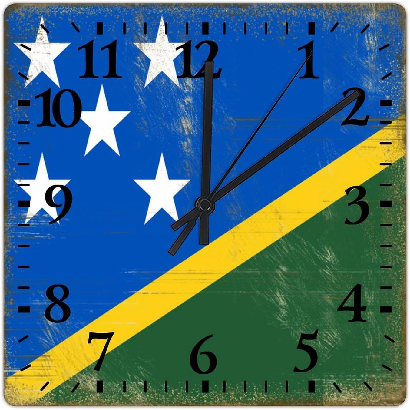 Vintage Solomon Islands National Flag Wall Clock Solomon Islands Wooden Wall Clocks Battery Operated 15 Inch Non-Ticking Retro Cabin Wall Decor for Kitchen Bedroom Living Room Office