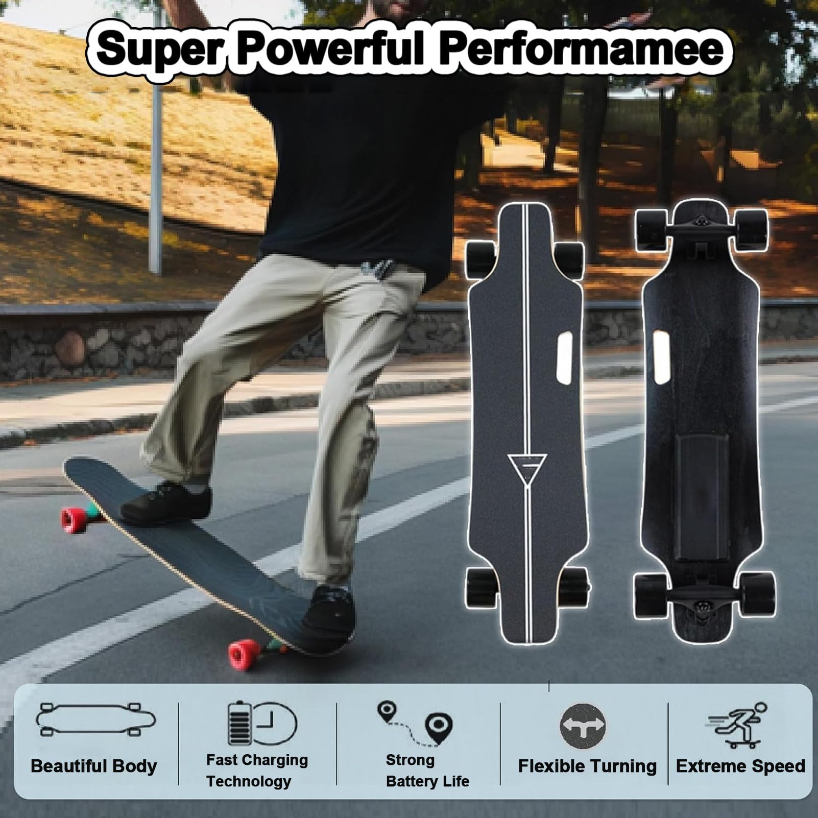 Skateboard éLectrique avec TéLéCommande, Longboard éLectrique Complet 4 Vitesses avec Freinage Fluide, IdéAl pour Les Adultes Et Les Adolescents DéButants 1-Block(16km)