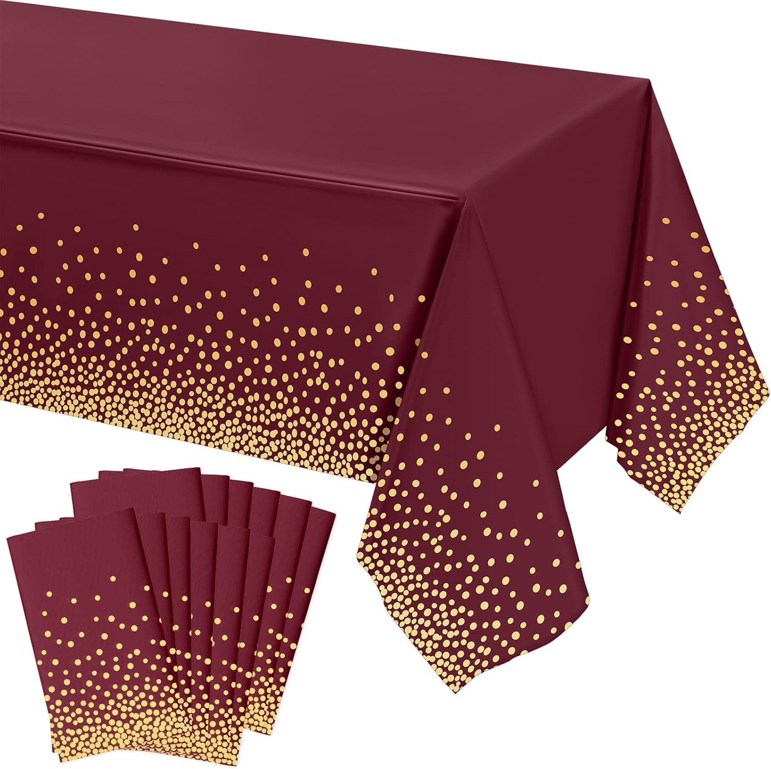 Tegeme 12 Packs Plastic Table Cloths for Parties Disposable Graduation Ramadan Mubarak Tablecloths Decoration with Gold Stamping Dot 108 x 54'' for Birthday Graduation Ramadan Party (Wine Red,Gold)