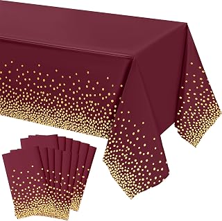 Tegeme 12 Pcs Maroon, Gold Plastic Tablecloths Burgundy Table Cloths Party