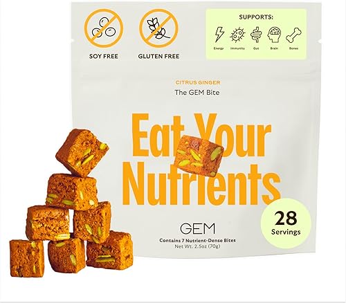 The GEM Bite Daily Multi 4 x 7-Bite Pack Jengibre cítrico Soporte todo en uno para energía, intestino, piel, hueso, cerebro e inmunidad Complejo