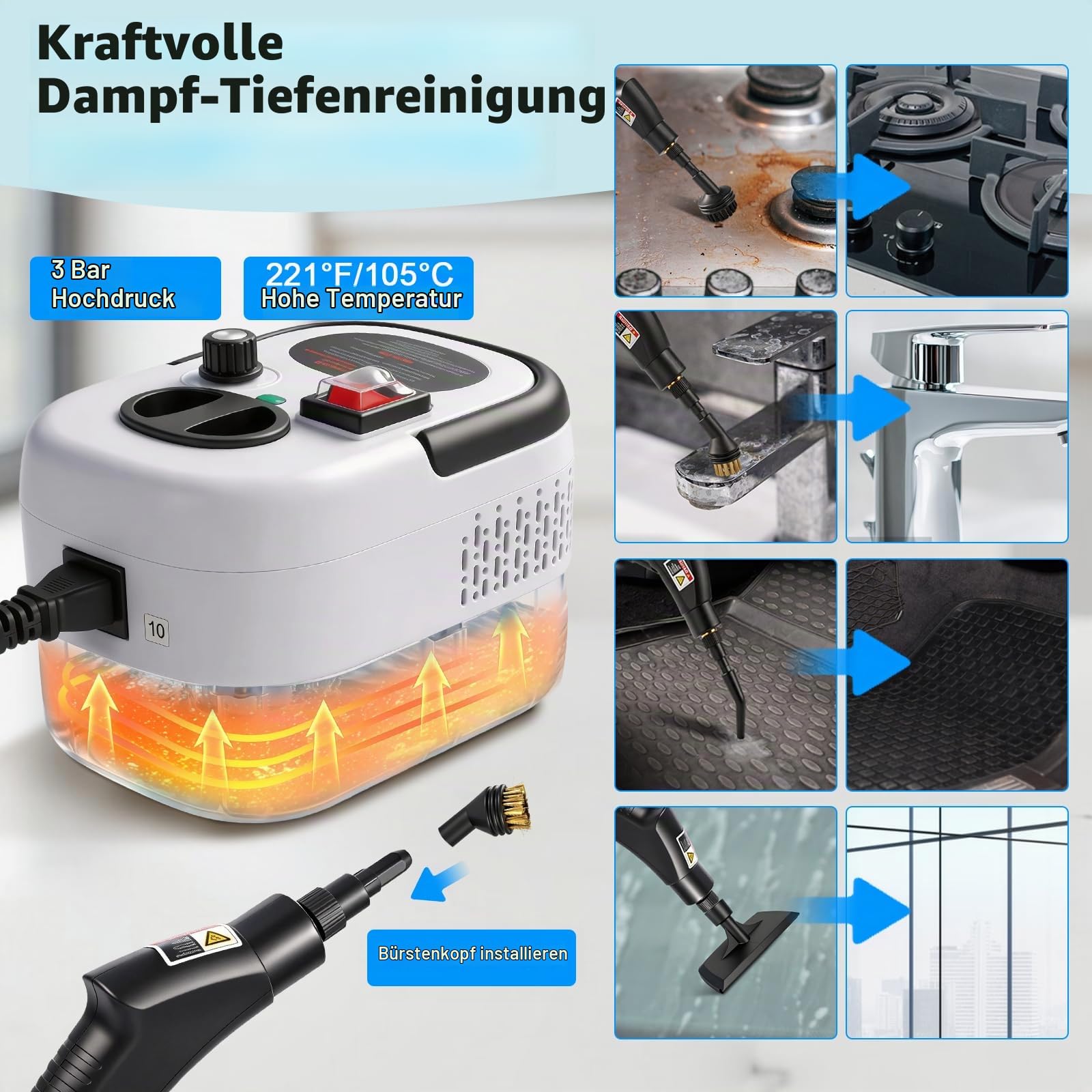 Neu 3-Stufig Einstellbarer Dampfreiniger Handgerät für Alles Haushalt Und Auto, 11s Aufheizzeit, 3bar Steam Cleaner, 1,2l Tank Handdampfreiniger für Autos, Haushalt, Küche, Fenstern,Boden
