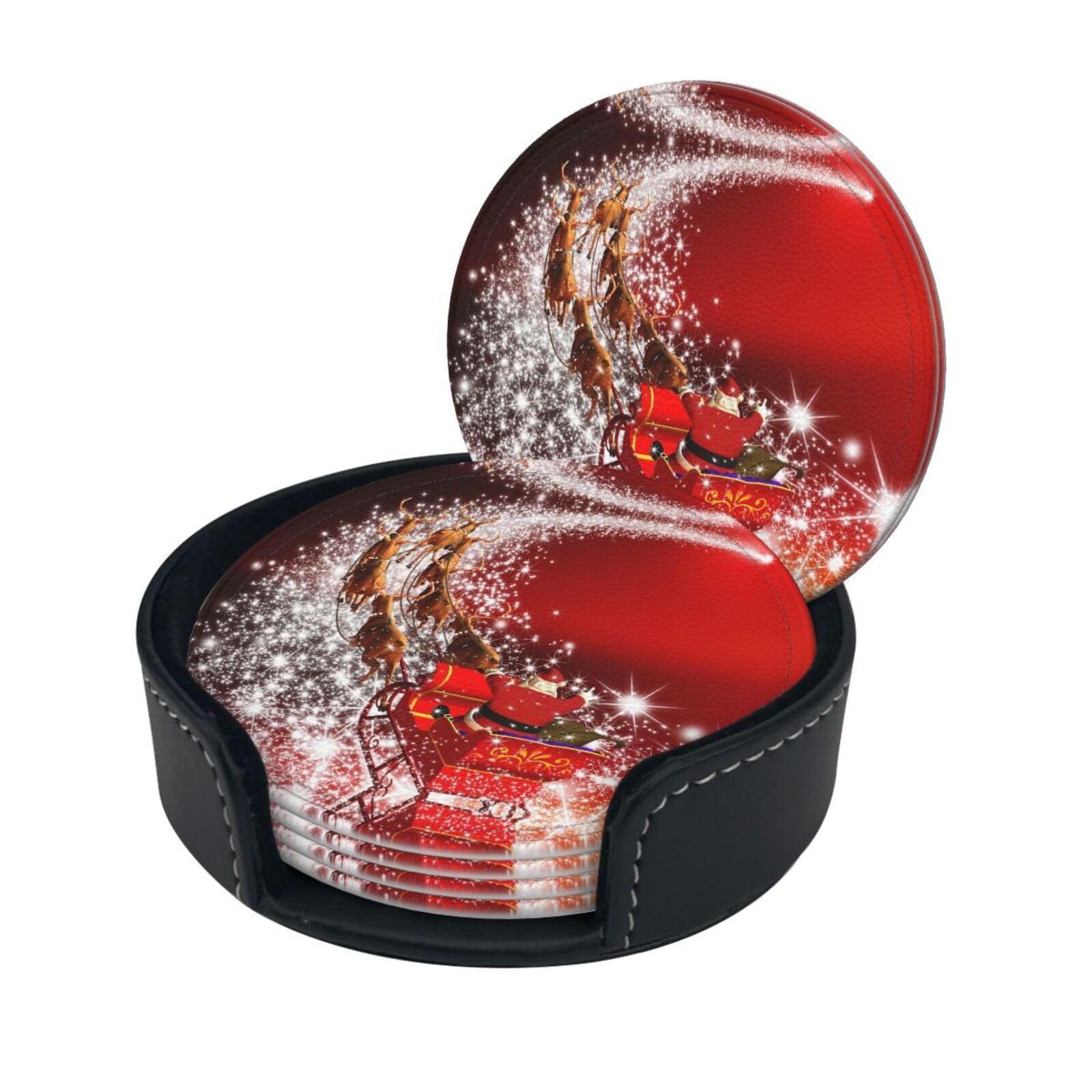 Christmas Magic Print Round Leather Coasters - Set Of 6, Ultra-Fiber Pu Leather
