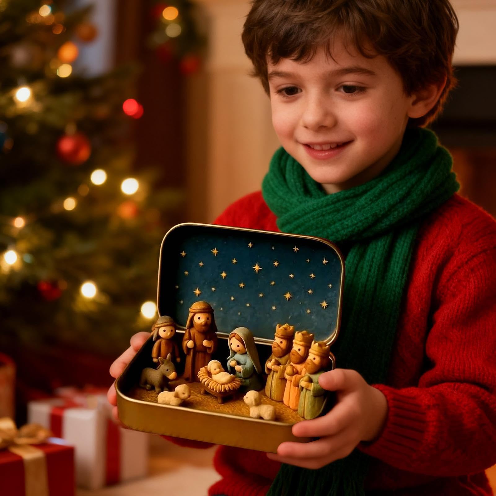 Mini Christmas Nativity Set En Caja Metálica, Navidad Belén Conjunto, Portátil De Bolsillo Cristiano Belén Figuras Conjuntos Decoración, Hecho A Mano Religioso Sagrada Familia Figuras Jesús Ornamento