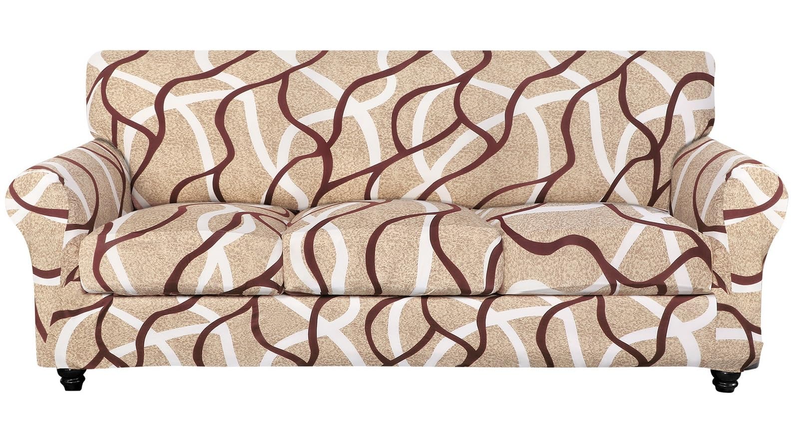 SearchI Stretch Sofa Cover Printed Couch Cover, Floral Pattern 4 Pieces Sofa Slipcover with 3 Separate Cushion Cover, Washable Furniture Protector for Living Room(Sofa, Khaki)