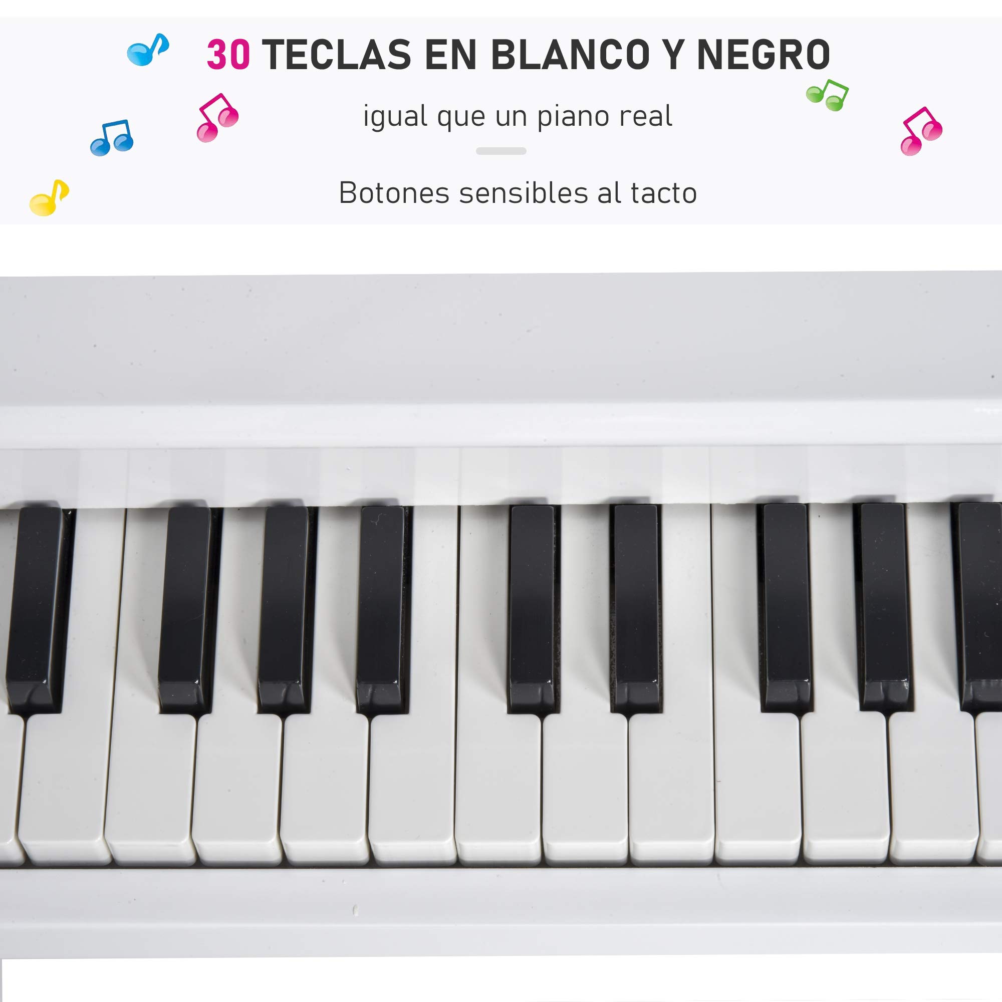 HOMCOM Piano de Cola Infantil con 30 Teclas para Niños 52x50x49 cm Blanco | de MDF, Taburete, Atril de Partituras, Instrumento Musical Didáctico