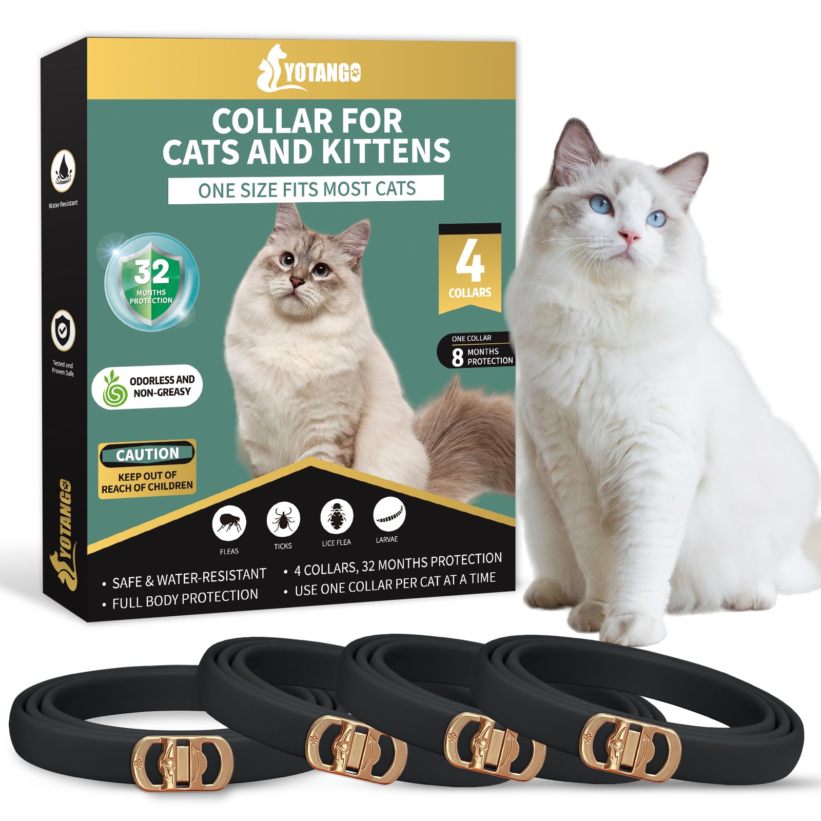YOTANGO Collar Antipulgas Gatos, 32 Meses de Protección Collar Antipulgas para Gatos, 4 Pcs Collar Antipulgas y Garrapatas para Gatos, Collar Antiparasitario Gatos(Negro)