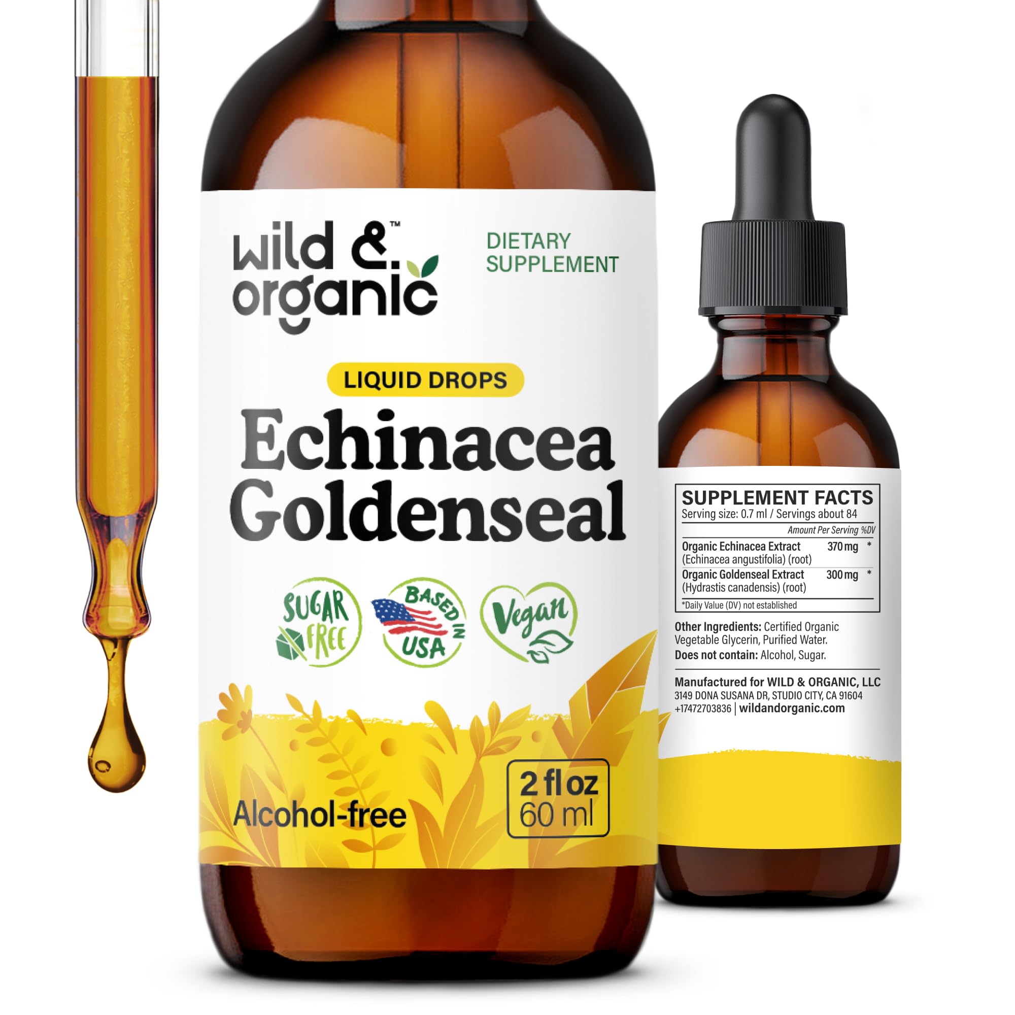 Wild & Organic Echinacea Goldenseal Liquid Drops - Immune Support Supplement w/Goldenseal Echinacea Root Extract - Vegan, Sugar & Alcohol-Free Tincture - 2 fl oz