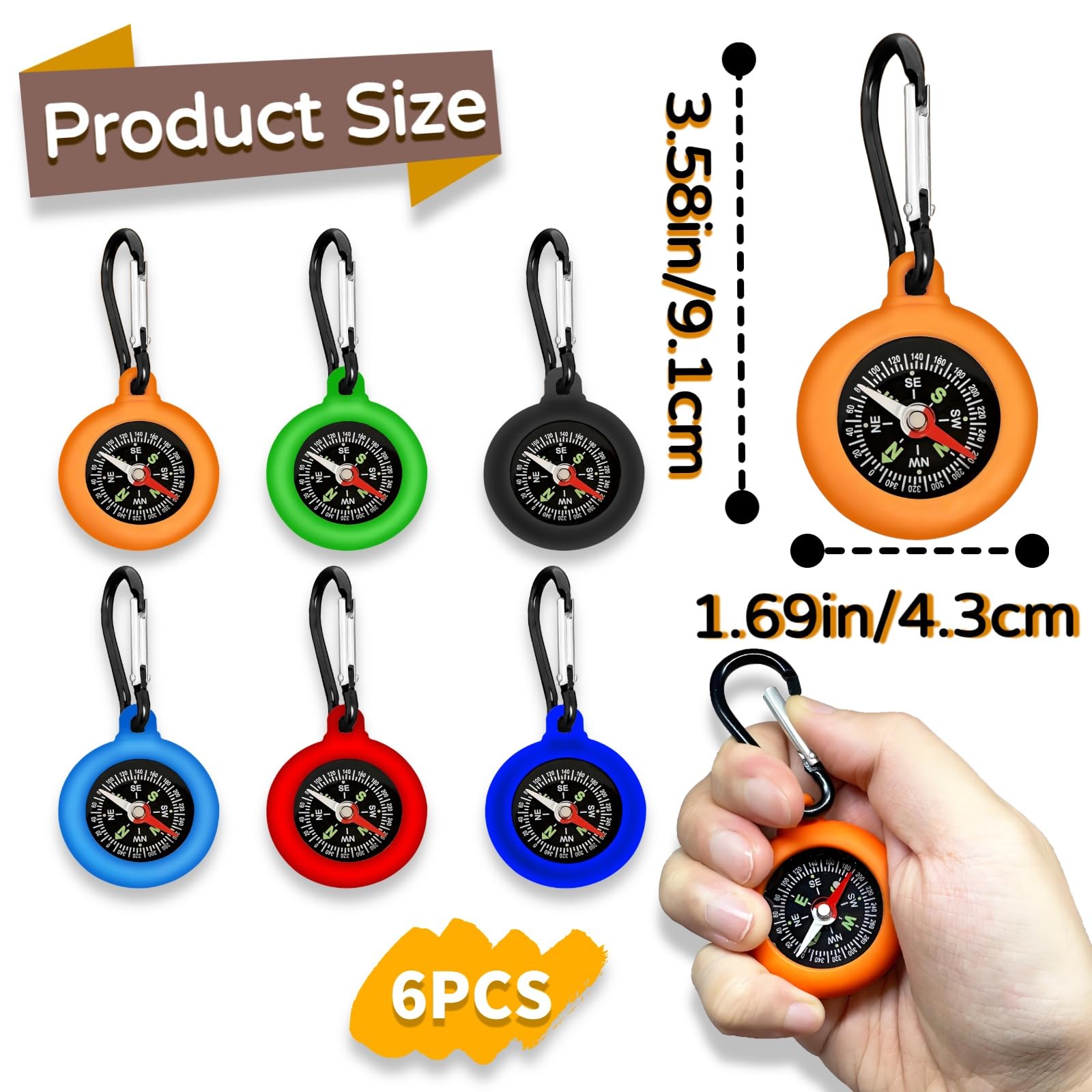 6 Pièces Mousqueton Multifonction avec Boussol, Mini Kompass Kinder avec Boucle à Ressort, Boussole Enfant Portable pour à La Randonnée et Au Camping en Plein Air