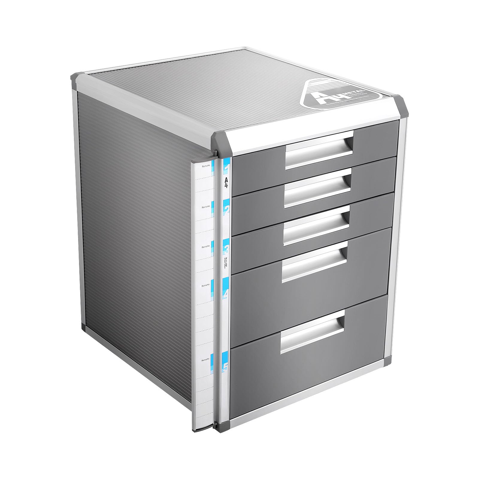 Cassettiera da ufficio con 5 cassetti, in lega di alluminio, organizer da scrivania, cassetti con lucchetto e 2 chiavi, organizer per documenti A4, per appartamenti, uffici, scuole, grigio