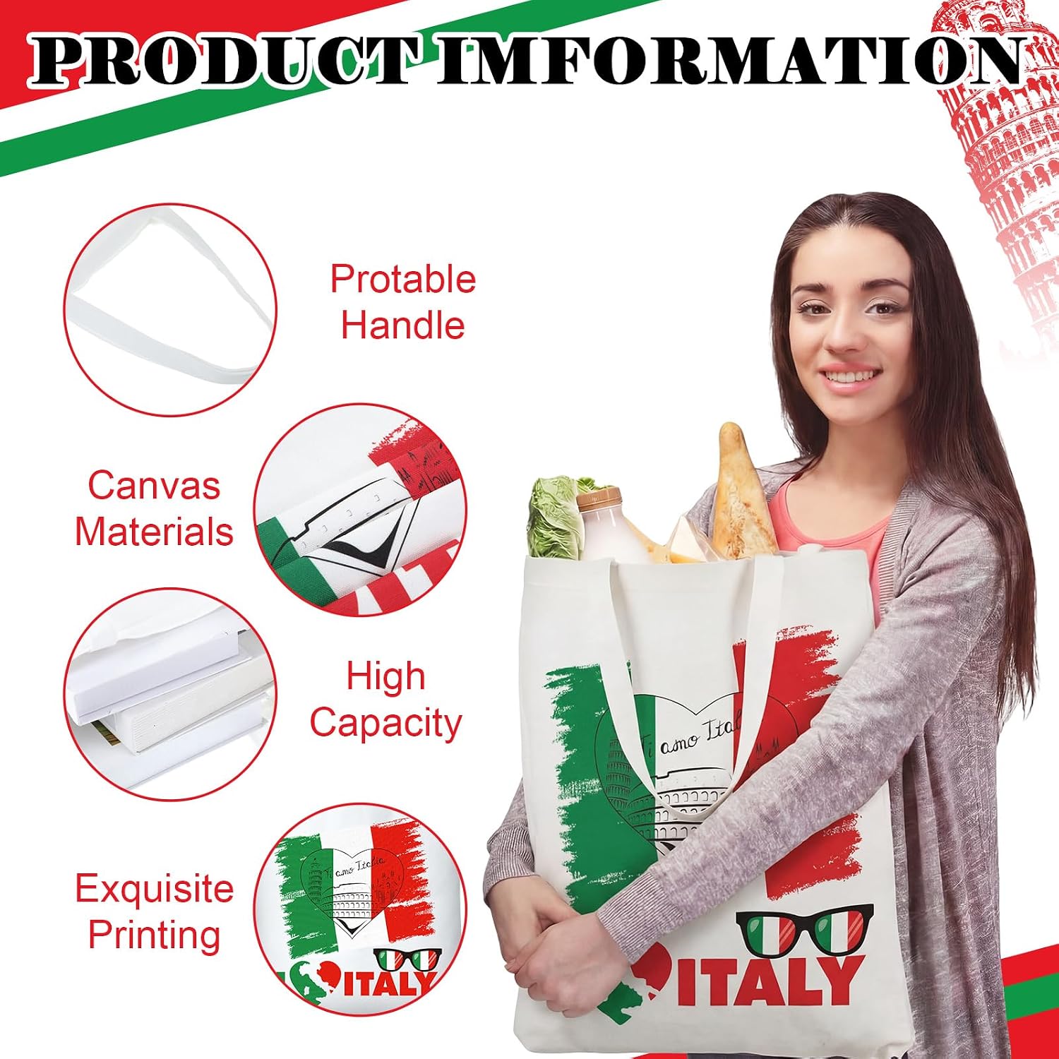 12 Pcs Italy Tote Canvas Bags Souvenir Gifts Italy Flag Red White and Green Reusable Grocery Shopping Bags City Travel Souvenirs Gifts for Italian Pizza Holiday Women