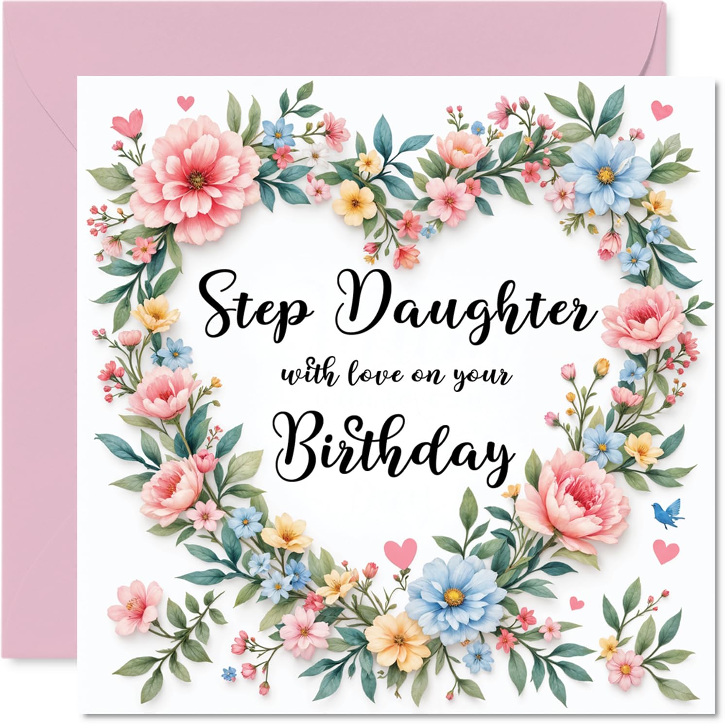 Step Daughter Birthday Card - Flower Heart Wreath - Happy Birthday Card for Step Daughter from Dad Mum, 145mm Flower Heart Wreath Bday Greeting Cards