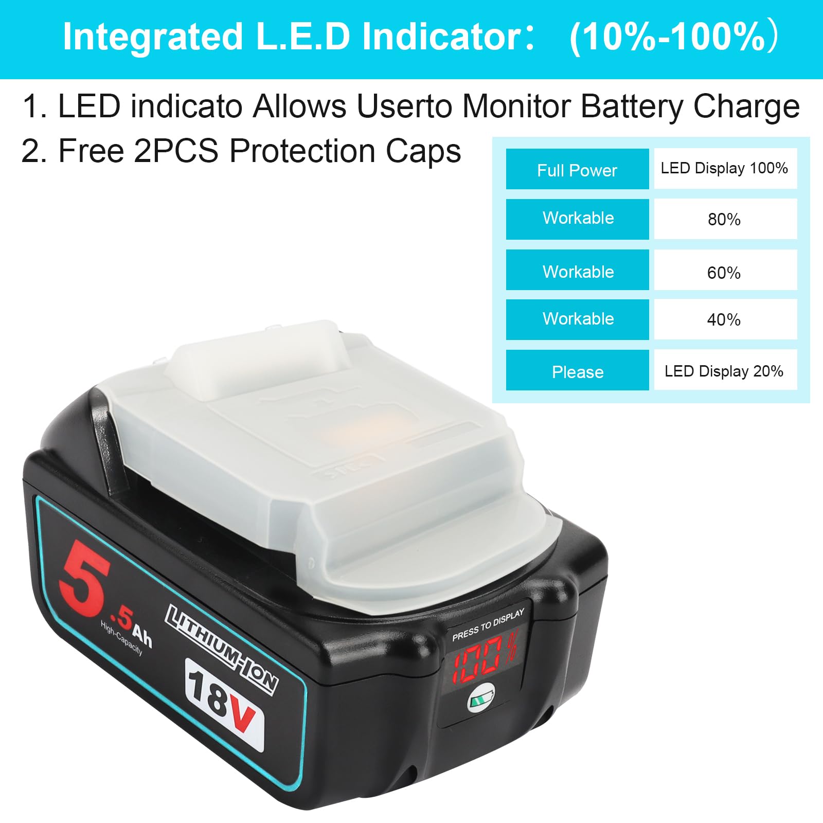 2X Powarobor BL1850B 18V 5.5Ah Batteria di ricambio agli ioni di litio Compatibile con Makita 18Volt BL1830 BL1850 BL1860B con indicatore LED