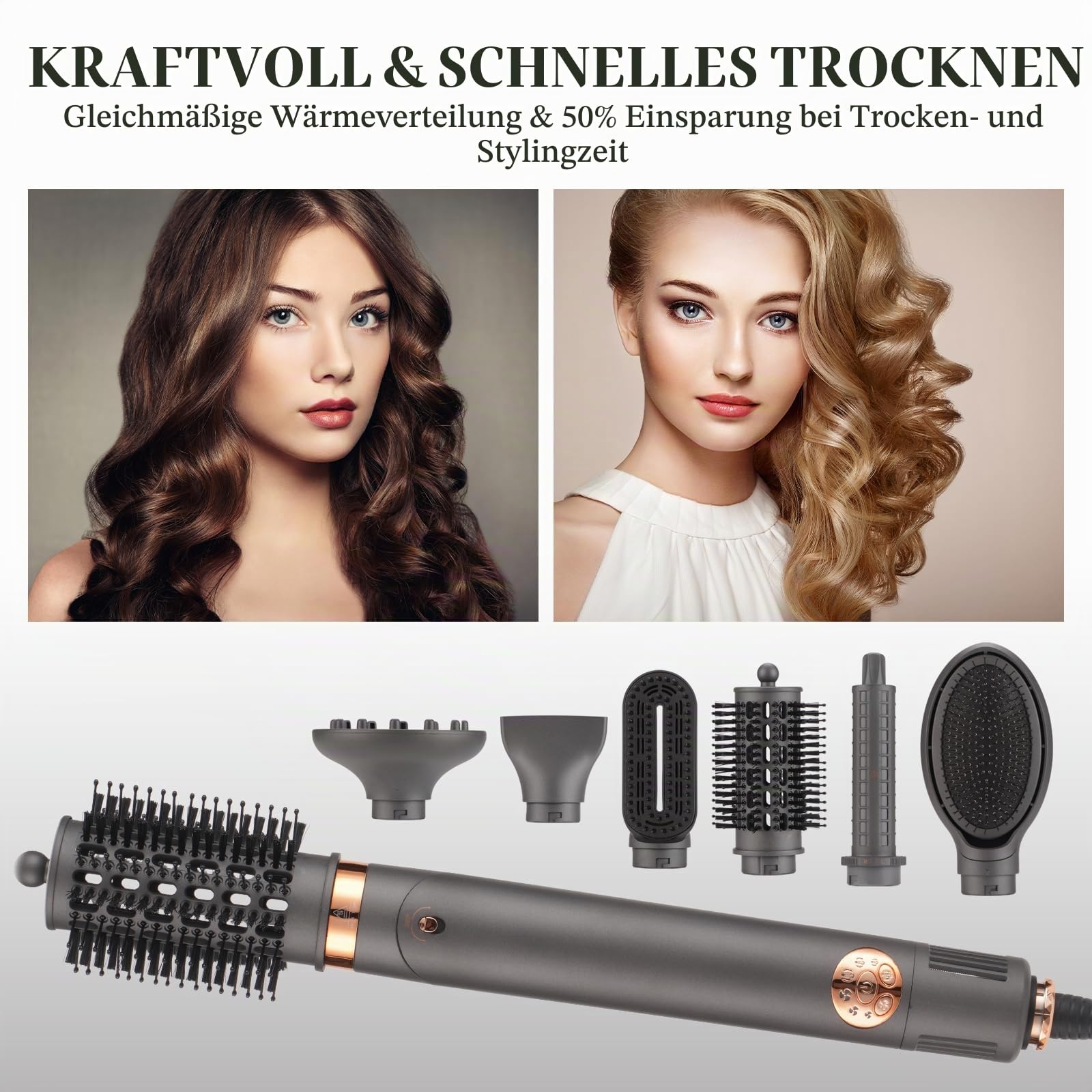 BESTBOMG Air Styler 6 in 1 Hairstyler Haartrockner Heißluftbürste, Lockenstab Multistyler Glättbürste Heißluft-Styler Styling und Trocknungssystem, Warmluftbürste Automatisch mit Aufsätzen