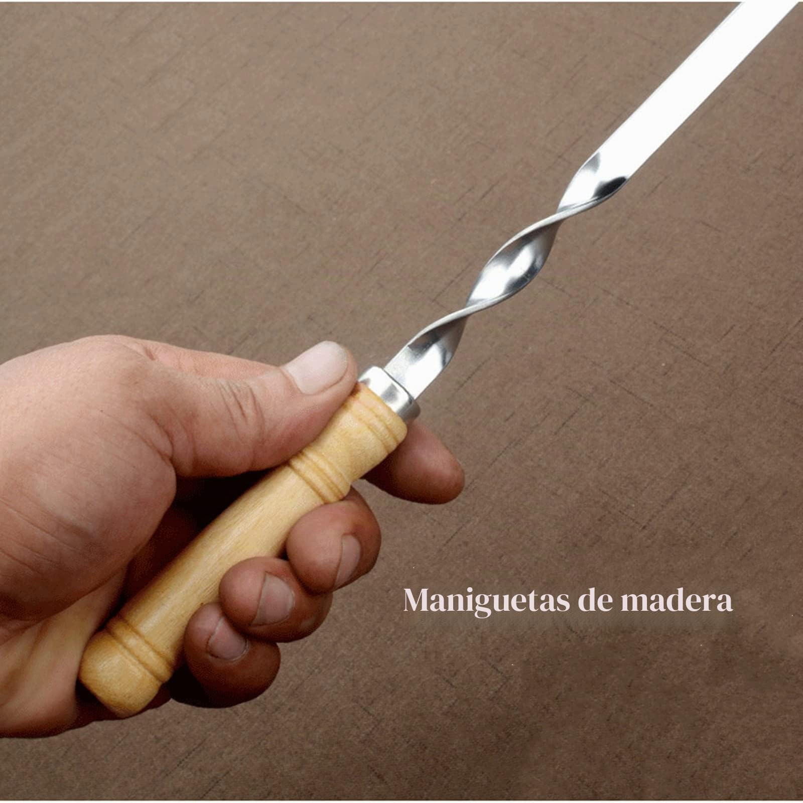 Pinchos planos de acero inoxidable con mango de madera, tenedor de carne 55 cm, brochetas shish kebab, skewers reutilizables de metal, accesorios para barbacoas