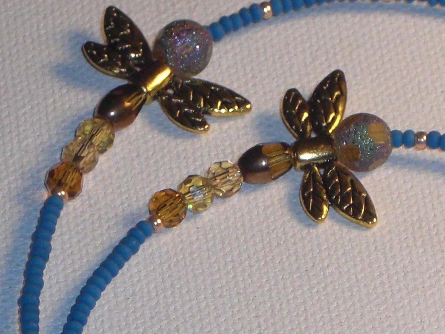Dragonfly Lanyard Blue Hand Beaded ID Badge Holder Key Chain Necklace 36 inches