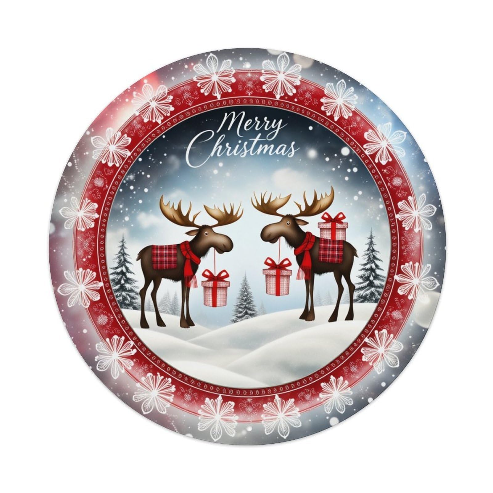 Merry Christmas Moose Snowflake Pattern Round Tin Sign Vintage Metal Poster, Home Bar Garage Man Cave Cafe Indoor & Outdoor Wall Decoration 8x8Inches