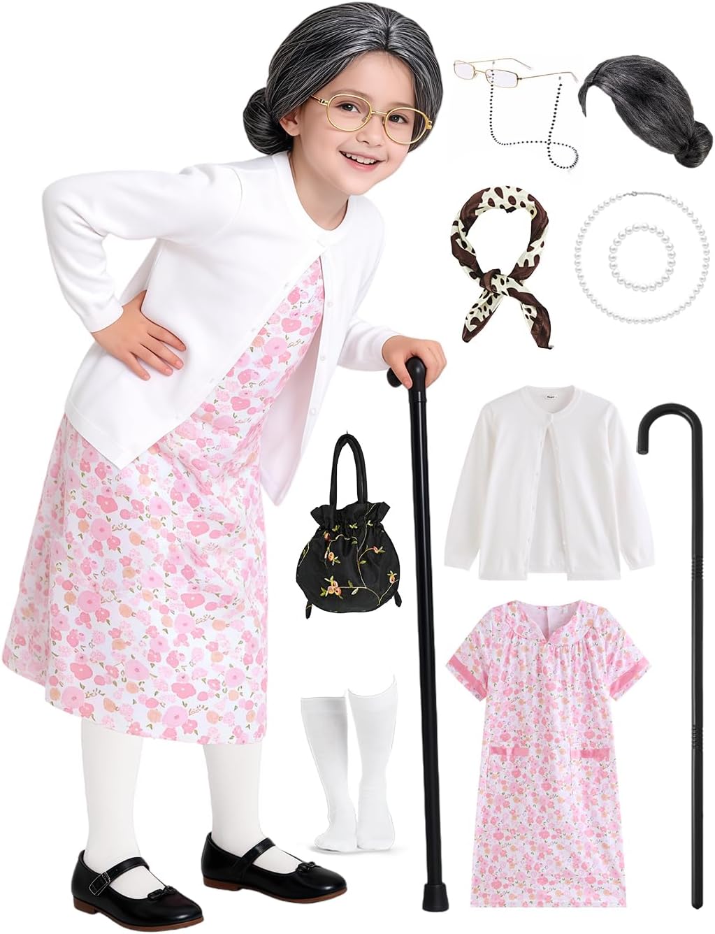 14pcs Old Lady Costume for Kids Girls 100 Day of School Costume Girls Kids Grandma Costume Granny Dress Up Accessories