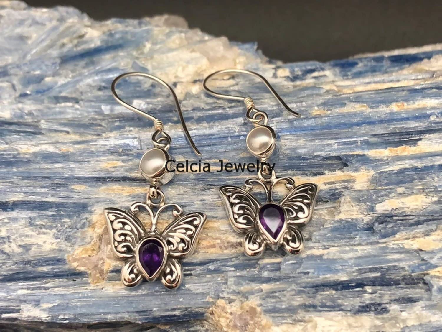 Orecchini pendenti a goccia con farfalla in argento sterling puro 925 per donna, orecchini con pietra preziosa genuina di ametista e perle artigianali unici