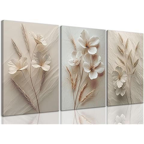 TUEASKY 3 Piece Neutral Floral Canvas Wall Art Beige Flower Wall Art Vintage Botanical Decor Modern Minimalist Prints for Bedroom Living Room Office Home Decoration 12x16in Framed