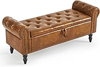 Furniliving Leather Storage Ottoman Bench with Rolled Arms & Solid Wood Legs - End of Bed, Entryway Bench, Yellow Brown